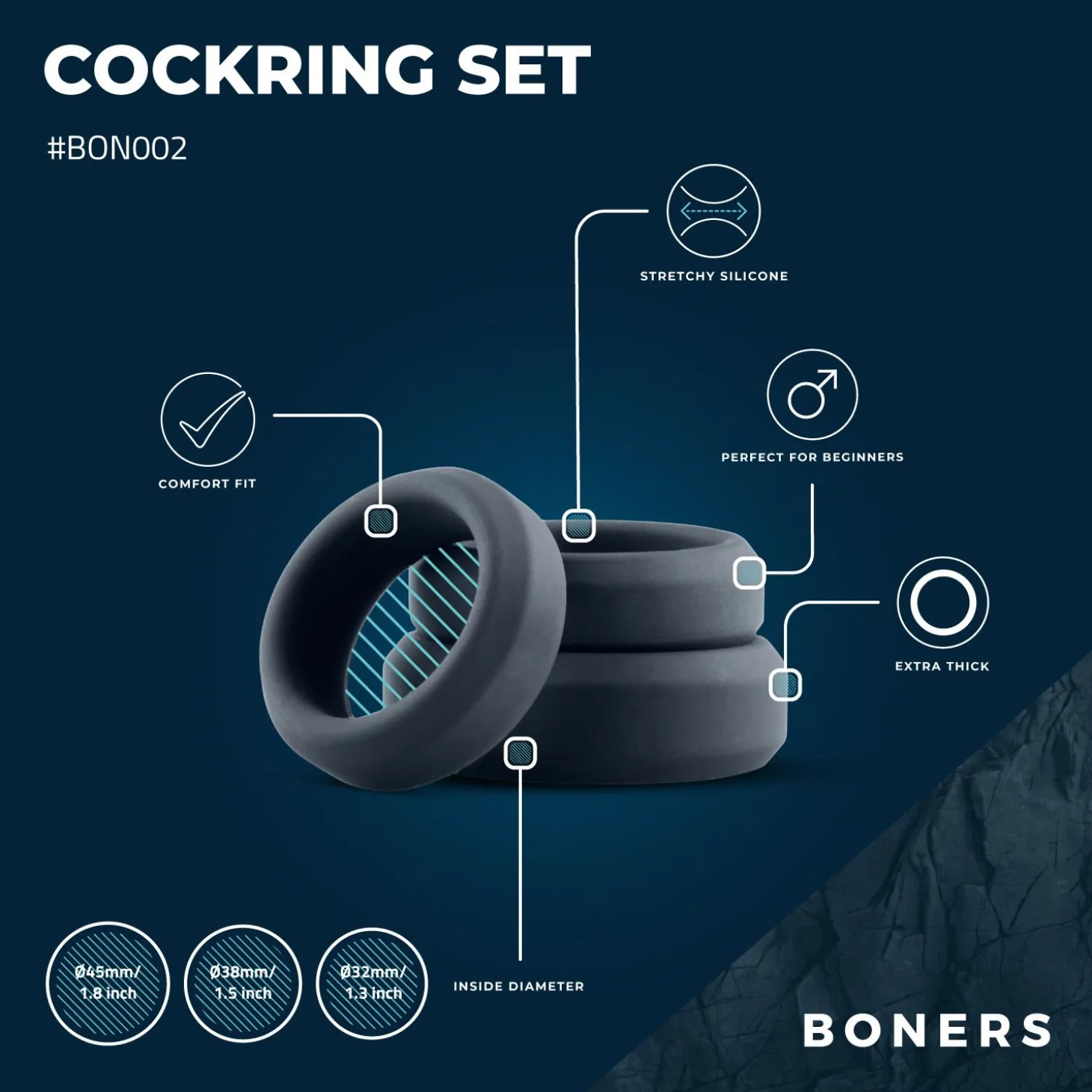 Boners - Kit de 3 anneaux péniens (plats) - Silicone