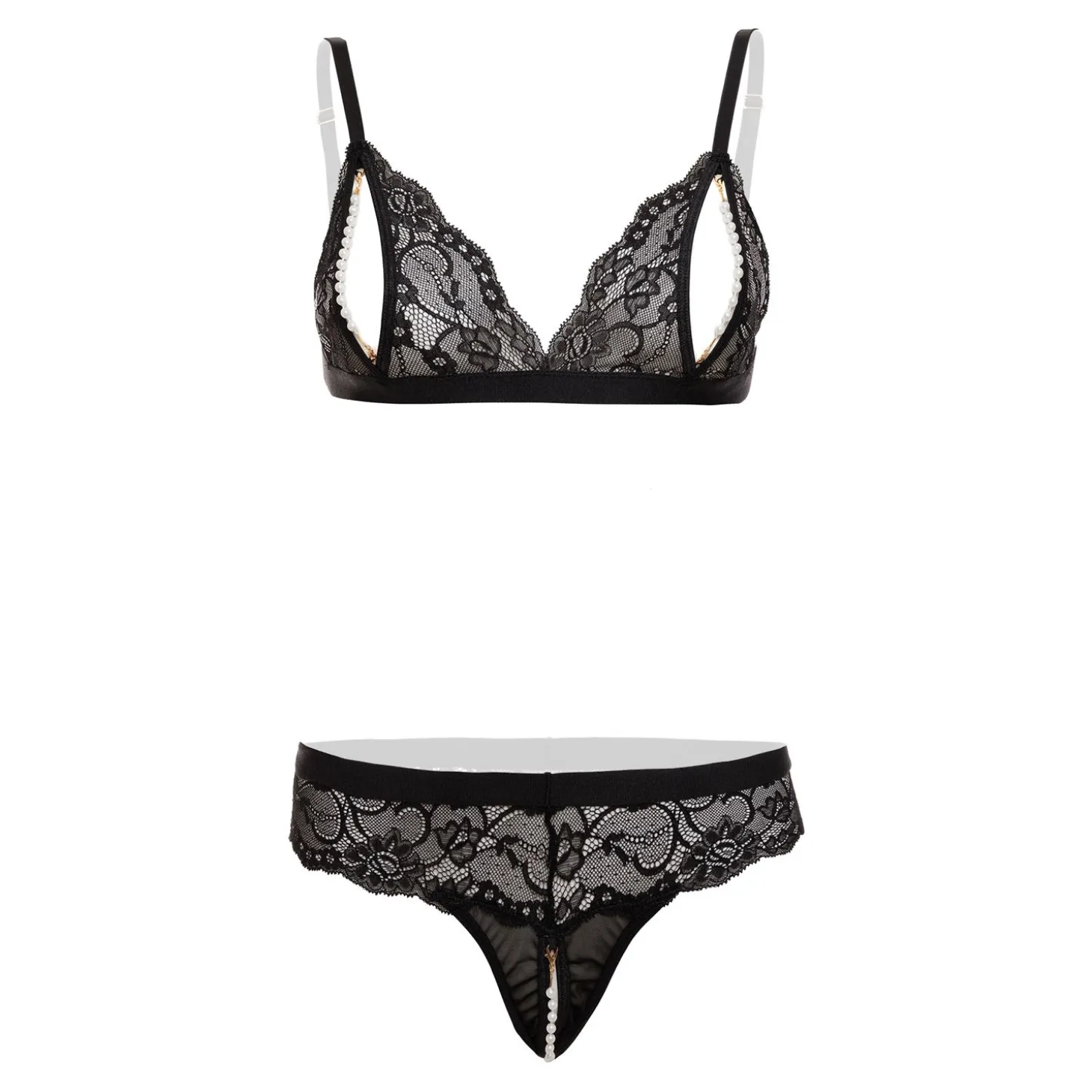 Christine - Ensemble soutien-gorge en perles et dentelle Mea - Noir