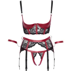 Cottelli Bondage - Ensemble 3 pièces avec jarretelles - Noir/Rouge