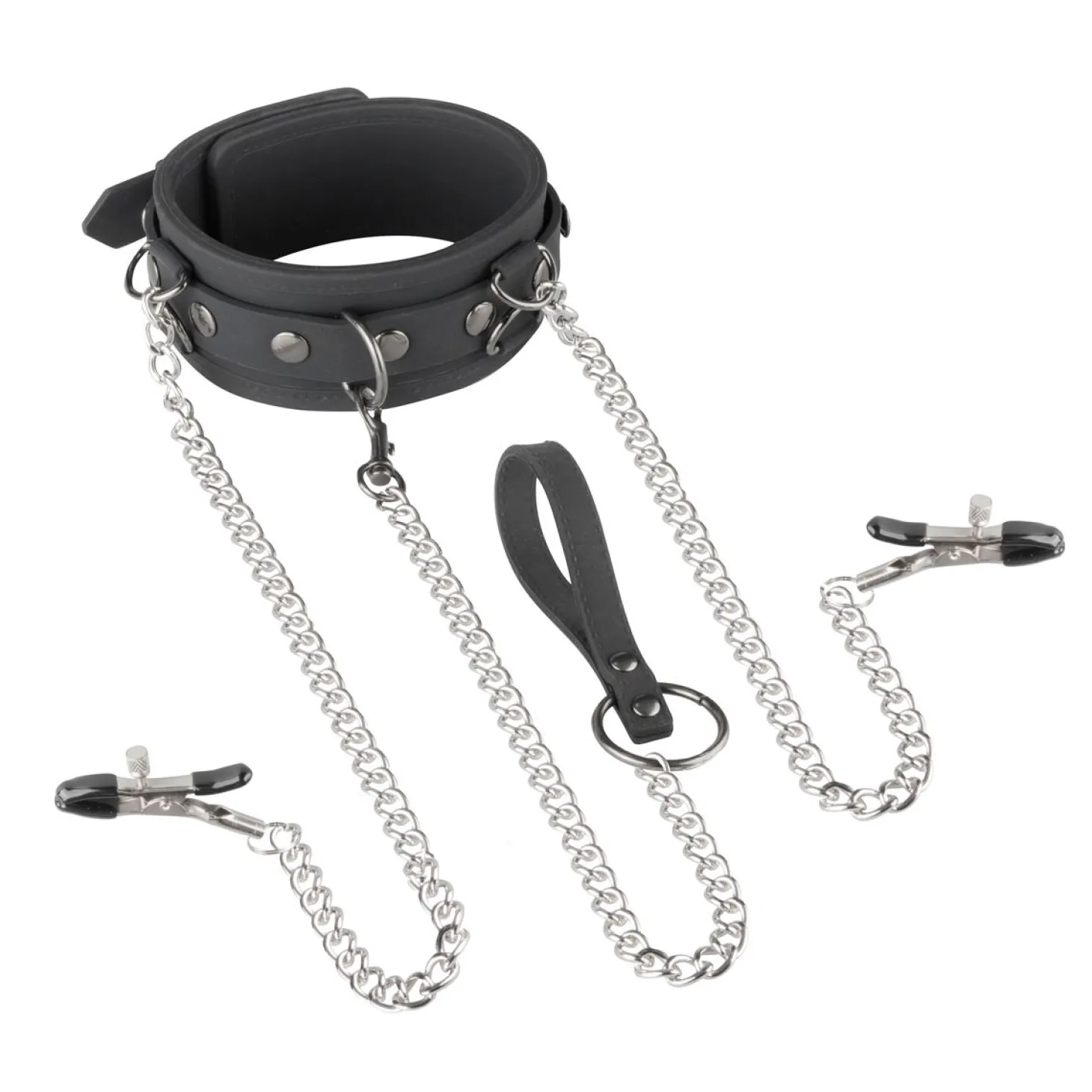 EasyToys - Collier, laisse et pinces à tétons en silicone - Noir