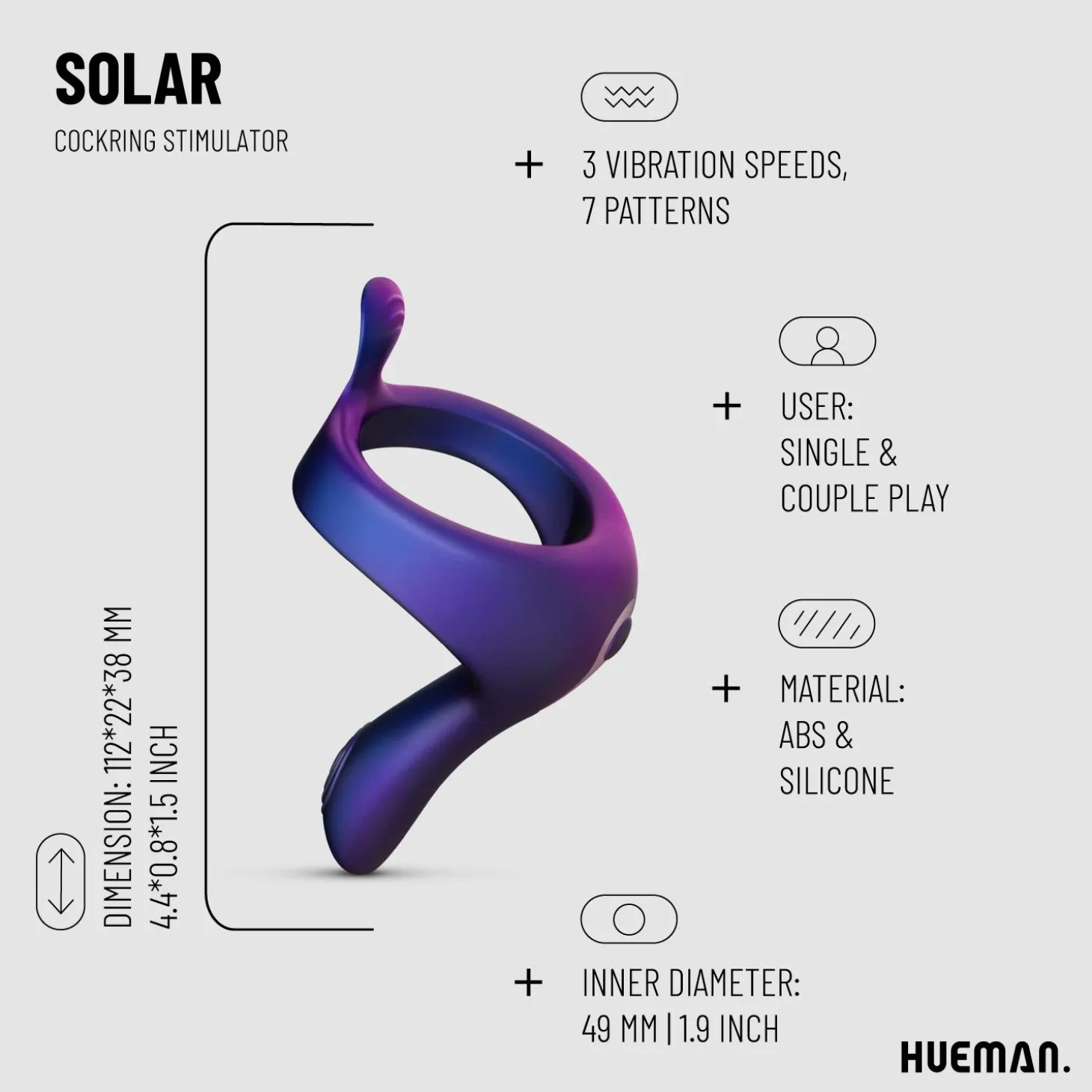 Hueman - Cockring vibrant avec bras de stimulation "Solar "- Bleu