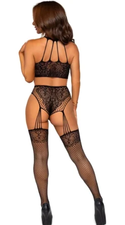 Leg Avenue - Body en Dentelle à Col Halter avec Porte-Jarretelles Intégrés