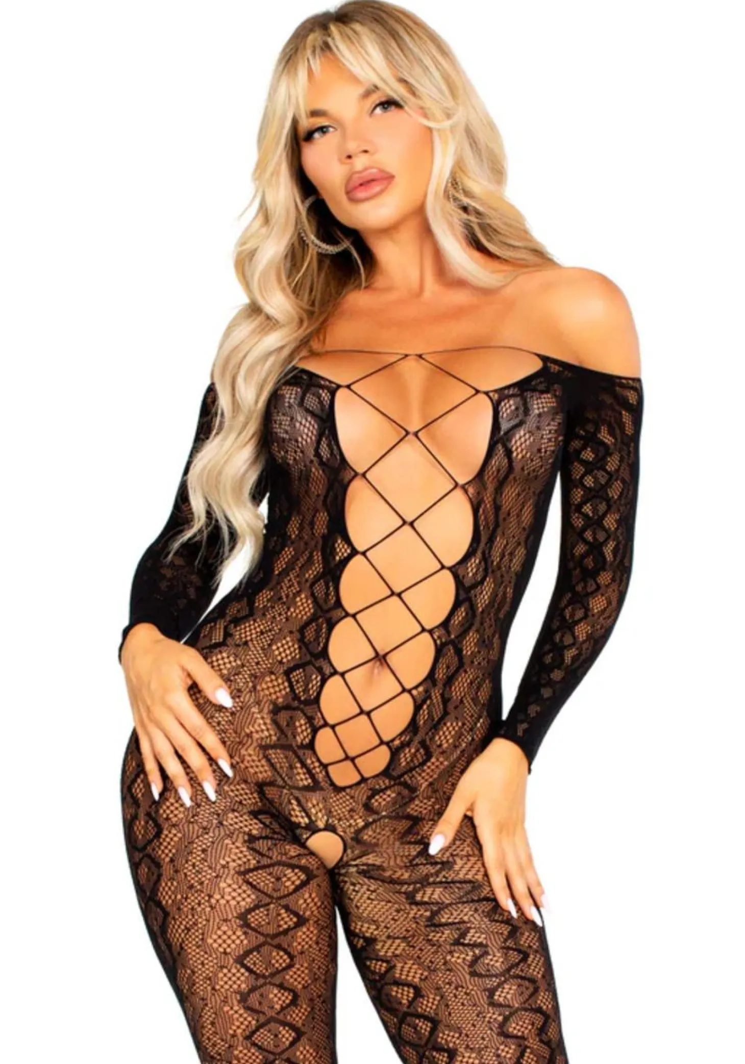 Leg Avenue – Bodystocking Ouverte à Motif Serpent – Noir