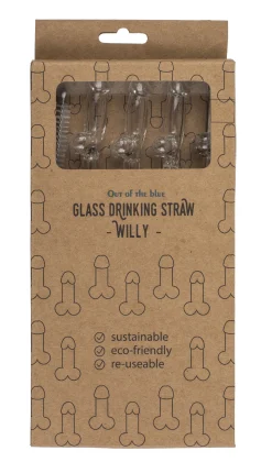 Paille en Verre en Forme de Pénis avec Brosse de Nettoyage Willy - 4 pièces