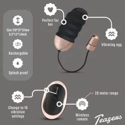 Teazers - Œuf vibrant nervuré de forme aplatie avec télécommande - Noir